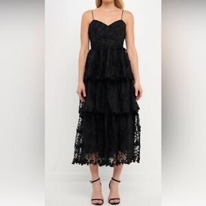 Endless Rose Crochet Layered Midi Dress Size XS in All Black NEW Floral Lace‎